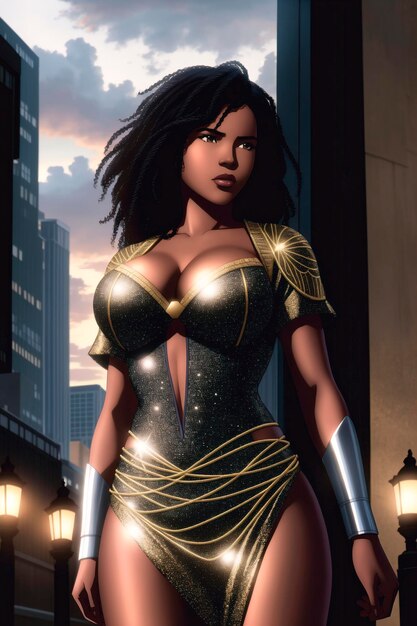 A beautiful AfricanAmerican woman is a superhero against the background of an evening city on a cloudy day Generative AI