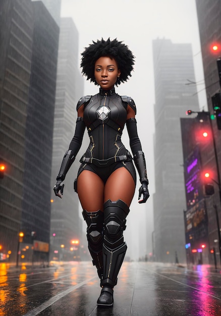 A beautiful AfricanAmerican woman is a superhero against the background of an evening city on a cloudy day Generative AI