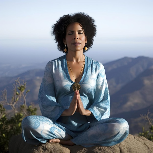 A beautiful AfricanAmerican woman meditating on top of a mountain