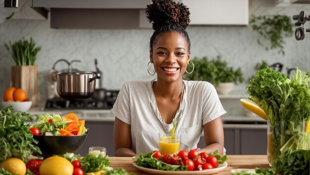 写真 美しいアフリカ系アメリカ人の女の子がキッチンで様々な野菜や果物を食べています