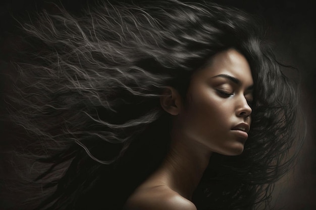 Photo beautiful afro american woman with black long hair portrait generative ai illustration