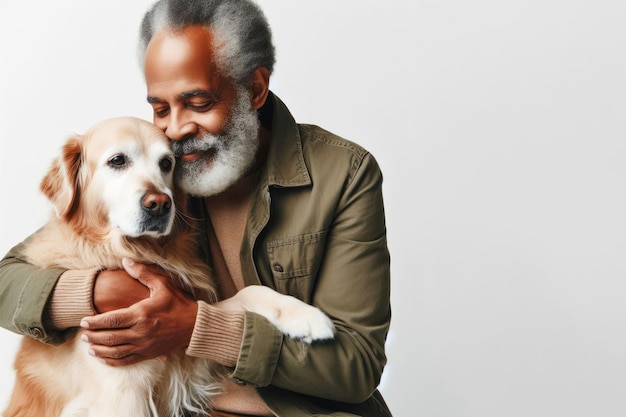 Foto un bell'uomo anziano afro abbraccia amorevolmente il suo cane isolato su uno sfondo bianco