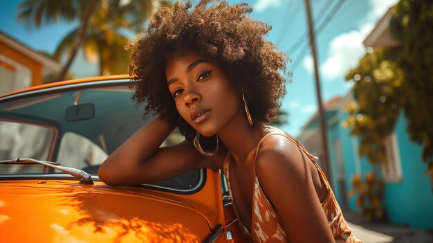 A beautiful afro woman sitting on the hood of a beetle radiating confidence and style