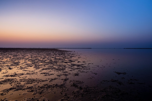 Beautiful after sunset shot of a lake and muddy shore captured from a mangrove beach in Dubai UAE