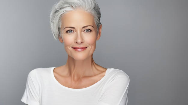 Photo beautiful aging mature woman with gray hair and happy smiling touch face