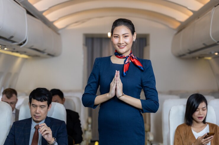 笑顔の飛行機の美しいエアホステス、サワディー、キャビンクルー、飛行機で働くエアホステスのポーズをとるアジアのエアホステスの肖像画。