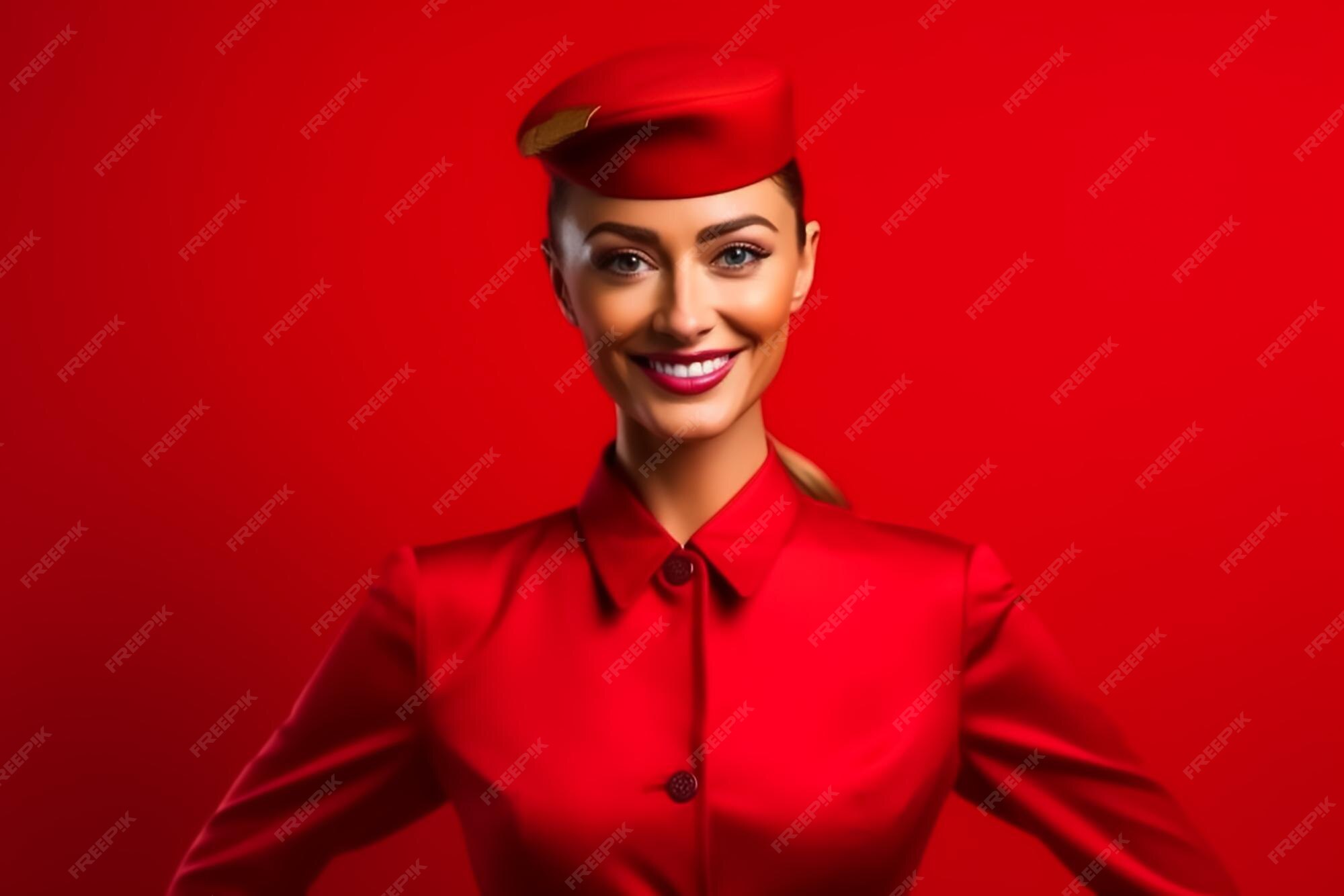 Premium AI Image Beautiful Air Hostess In Red Uniform premium-ai-image-beautiful-air-hostess-in-red-uniform