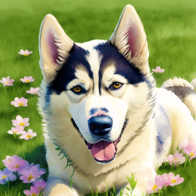 A beautiful Alaskan husky dog Watercolor painting Majestic Trails Generative AI