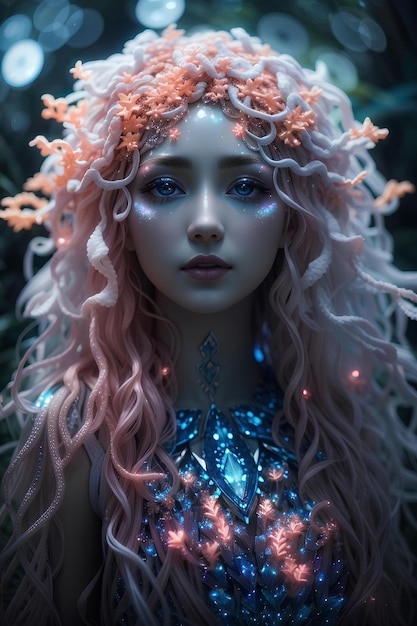 A beautiful alien woman with luminescent hair resembling coral