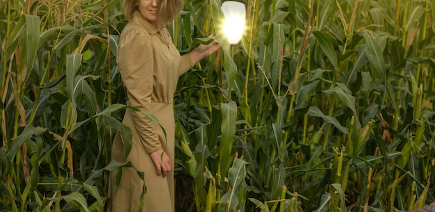 Beautiful alone girl in the corn garden enjoys a moment Woman in retro clothes holds a mirror on corn field