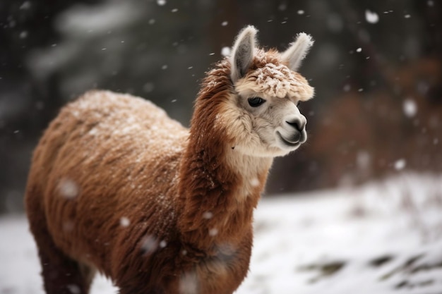 雪の森の美しいアルパカ 冬の森の動物