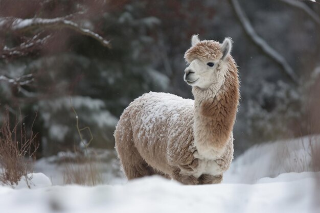 Beautiful alpaca in the snowy forest Animal in the winter forest