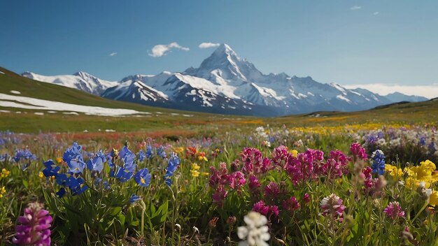 Photo beautiful alpine meadow landscape with wildflowers and snowcapped mountains