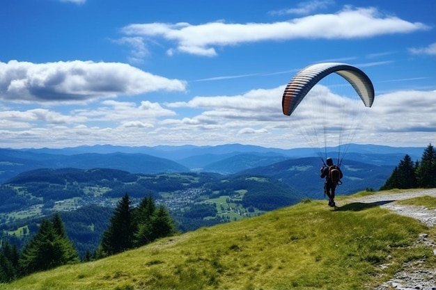 Beautiful alpine summer view with a paraglider and mountain silhouettes in the background at the