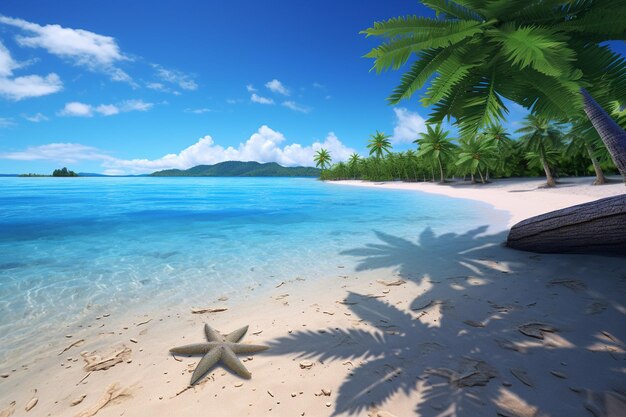 写真 砂の海星とパームの木の美しい驚くべき島のビーチ 夏の海を見下ろす