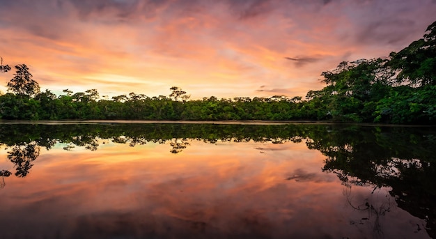 日の出の美しいアマゾン川