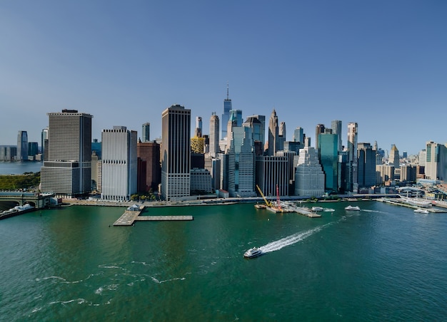 Beautiful America of aerial view on New York City Manhattan skyline panorama with skyscrapers over Hudson River US