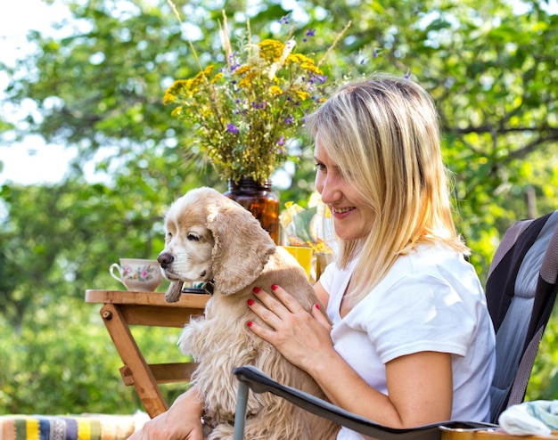 Beautiful American Cocker Spaniel with girl, close-up