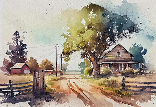 Beautiful american countryside scene Watercolor drawing style Generative ai