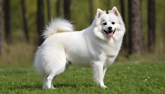 Beautiful American Eskimo Dog stand Green meadow Near forest Dog breed