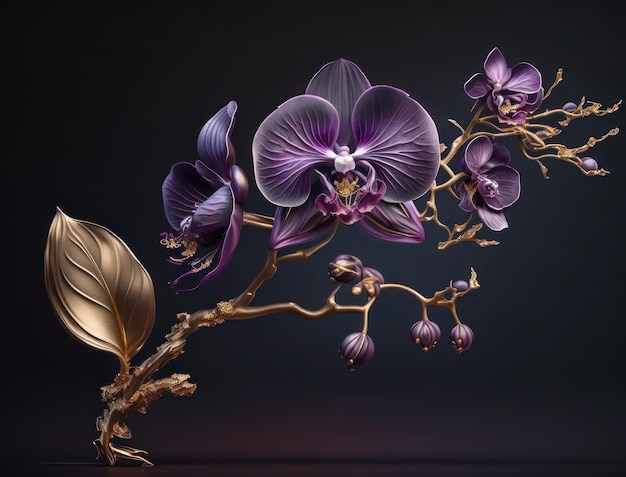ジェネレーティブ AI テクノロジーで作成された、暗い背景に枝を持つ美しいアメジスト クリスタルの蘭の花