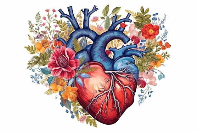 Beautiful anatomic heart with flowers and leaves