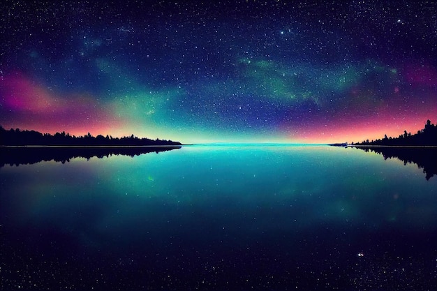 Beautiful ancient lake at night with bright galaxies reflecting in the water