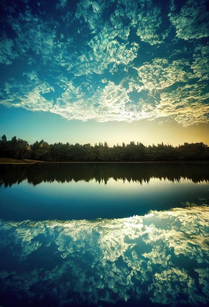 A beautiful ancient lake at sunset with the reflection of the sky and clouds