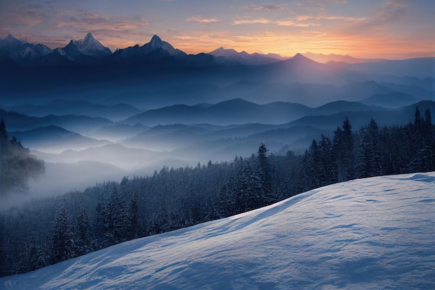 Beautiful ancient mountains at dawn in the morning sunlight and in the fog