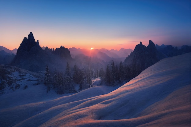 Beautiful ancient mountains at dawn in the morning sunlight and in the fog