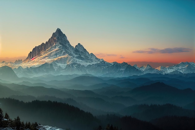 Beautiful ancient mountains at dawn in the morning sunlight and in the fog