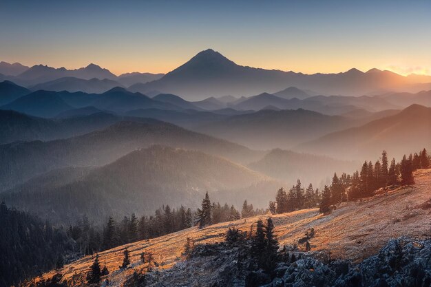 Beautiful ancient mountains at dawn in the morning sunlight and in the fog