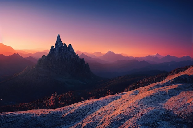 Beautiful ancient mountains at dawn in the morning sunlight and in the fog