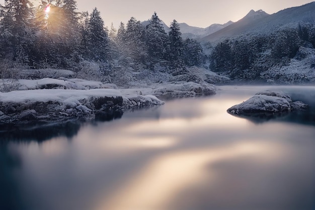 Beautiful ancient mountains at dawn in the morning sunlight and in the fog