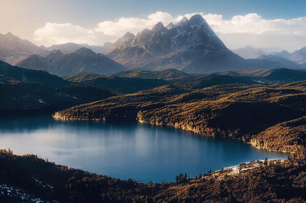 Beautiful ancient mountains at sunset in the evening sunlight and in the fog