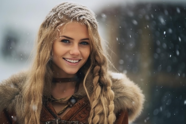 красивая древняя скандинавская викинг молодая женщина улыбается портрет