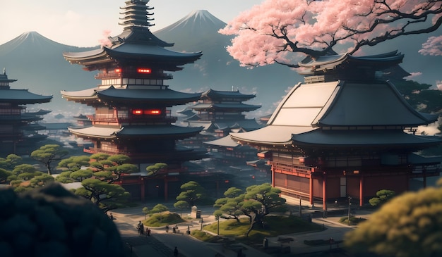 Красивый древний деревенский пейзаж Японии Генеративный AI