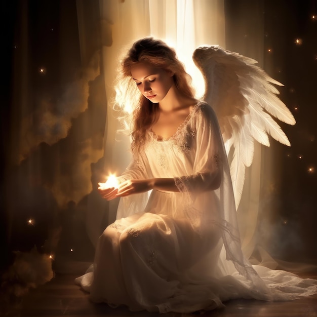 A beautiful angel girl wearing white clothes with wings holding a ray of light