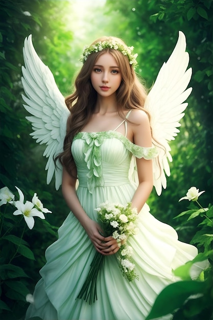 A beautiful angel is wearing a green dress in a flower garden