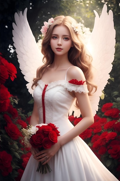 A beautiful angel is wearing a red dress in a flower garden