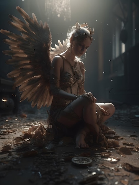 beautiful angel queen fallen with broken wings and scattered feathers