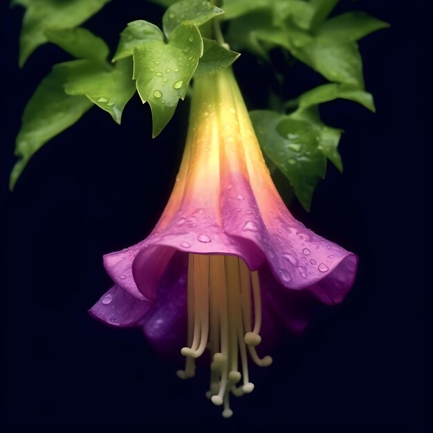 Beautiful Angel's trumpets flower against black background