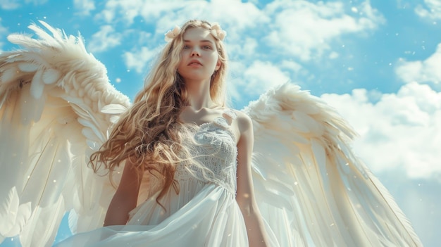 空の背景に白い翼と長い金の美しい天使