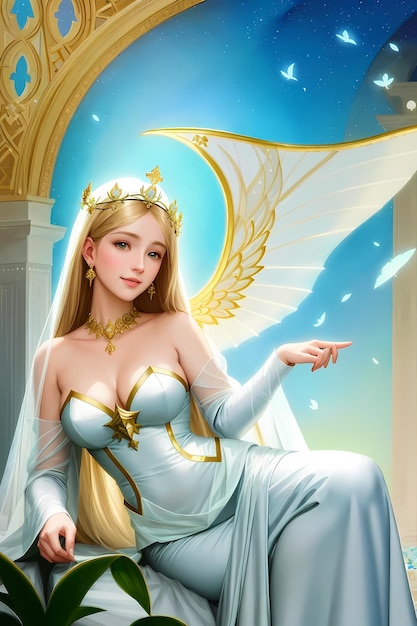 A beautiful angel with wings sits on a throne.