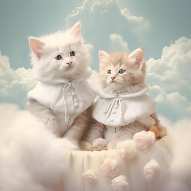 Beautiful angelic kittens on clouds