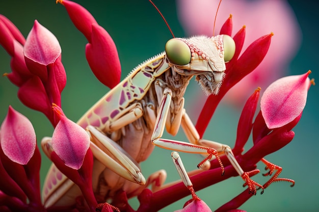 赤い花に蘭のカマキリの美しい動物のクローズ アップ