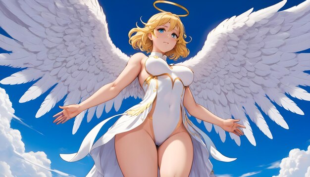 a beautiful anime blonde female angel with angel wings and a halo