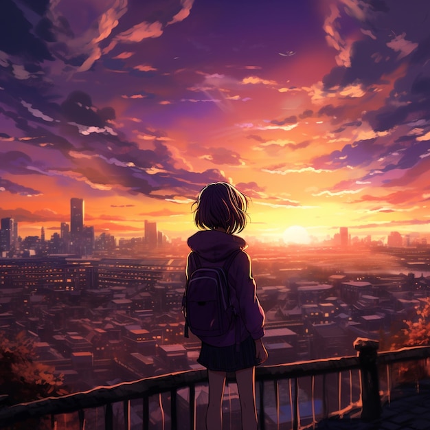 Beautiful anime city with sunset