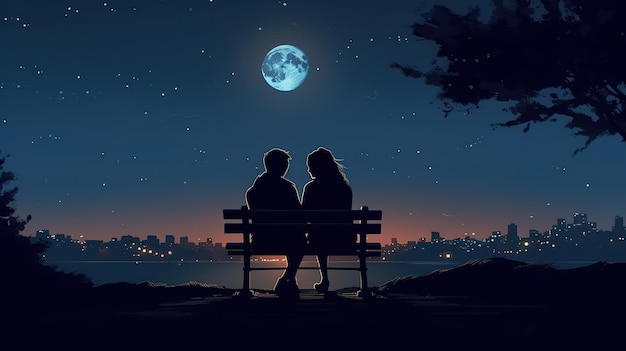 beautiful anime couple night background panorama romantic sky romantic moon