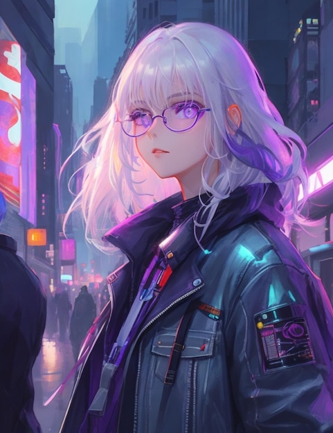 Beautiful anime girl against the backdrop of a neon city
